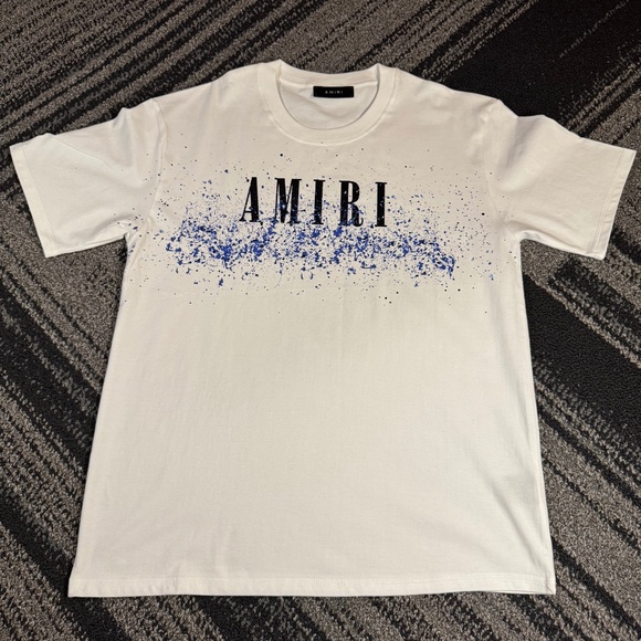 Amiri White Print Logo T-Shirt Painted Blue Splatter Men’s Size Large - Picture 1 of 3